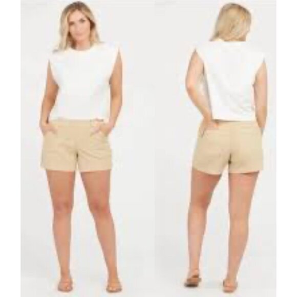 Spanx Twill Pull On Shorts Womens XL Beige Stretch Inseam 6' Casual Preppy Comfy - Picture 1 of 13